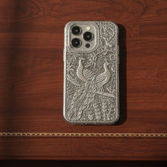 Elegant Peacock Pair & Branch 999 Pure Silver Phone Cover