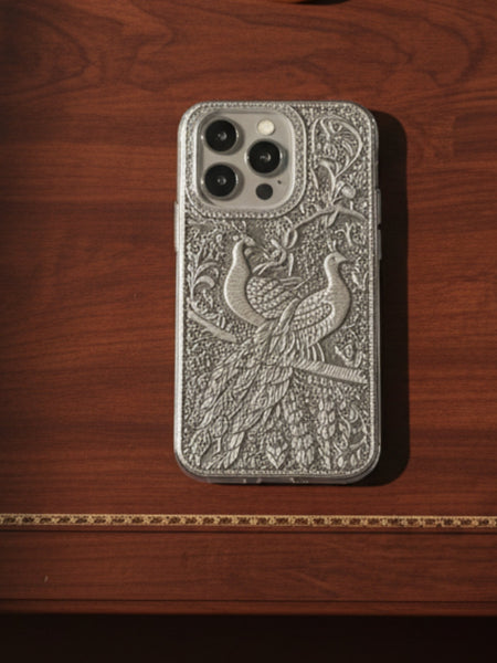 Elegant Peacock Pair & Branch 999 Pure Silver Phone Cover