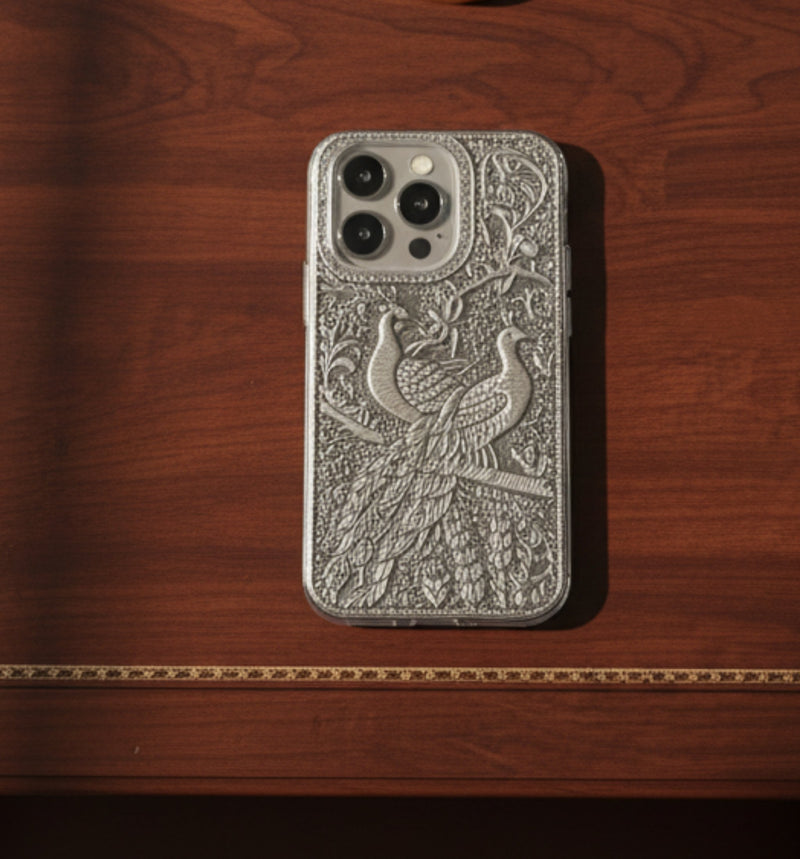 Elegant Peacock Pair & Branch 999 Pure Silver Phone Cover