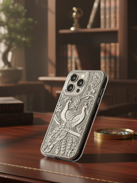 Elegant Peacock Pair & Branch 999 Pure Silver Phone Cover