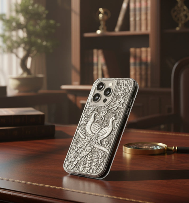 Elegant Peacock Pair & Branch 999 Pure Silver Phone Cover