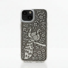 Elegant Peacock Pair & Branch 999 Pure Silver Phone Cover