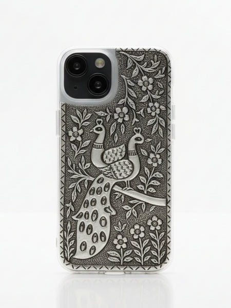 Elegant Peacock Pair & Branch 999 Pure Silver Phone Cover