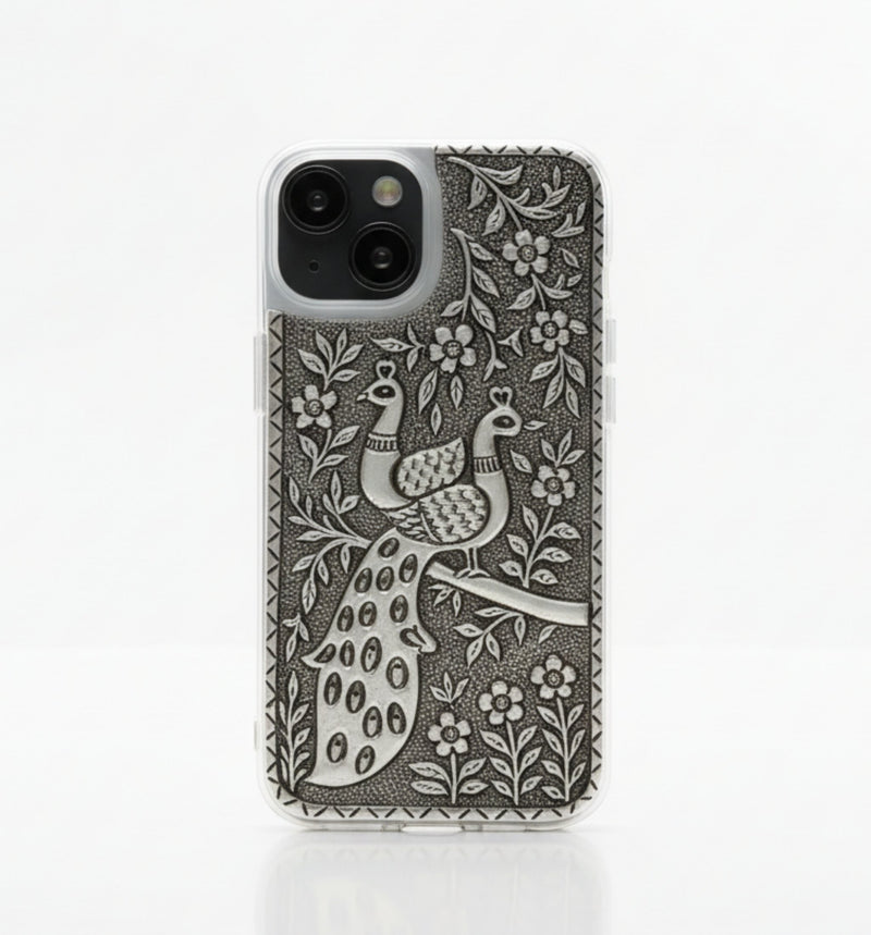 Elegant Peacock Pair & Branch 999 Pure Silver Phone Cover