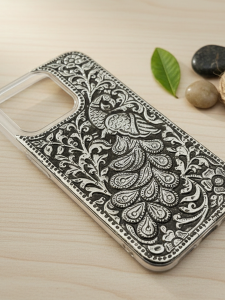 Ethnic Peacock Design 999 Pure Silver Phone Cover