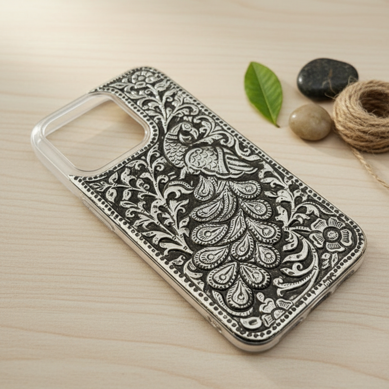 Ethnic Peacock Design 999 Pure Silver Phone Cover