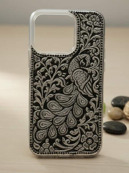 Ethnic Peacock Design 999 Pure Silver Phone Cover