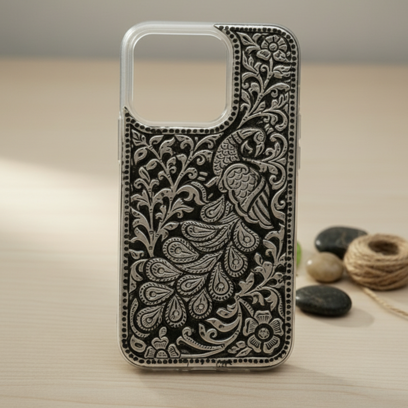 Ethnic Peacock Design 999 Pure Silver Phone Cover