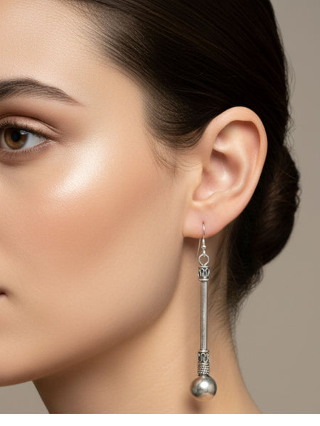 Handcrafted Oxidized Silver Tribal Rod & Ball Dangle Earrings