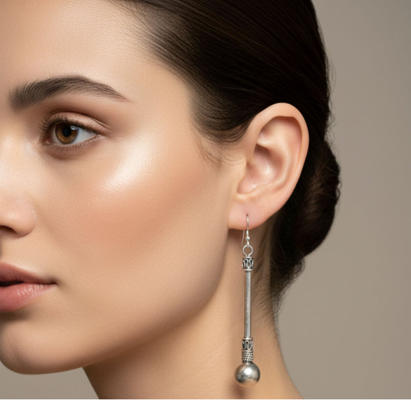 Handcrafted Oxidized Silver Tribal Rod & Ball Dangle Earrings
