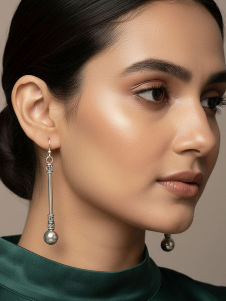 Handcrafted Oxidized Silver Tribal Rod & Ball Dangle Earrings