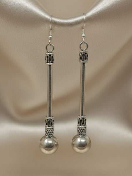 Handcrafted Oxidized Silver Tribal Rod & Ball Dangle Earrings