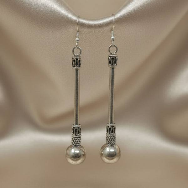 Handcrafted Oxidized Silver Tribal Rod & Ball Dangle Earrings
