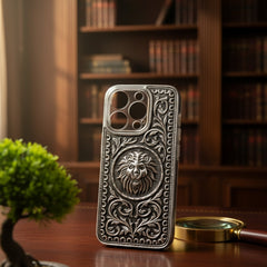 Majestic Lion Face & Scrollwork 999 Pure Silver Phone Cover