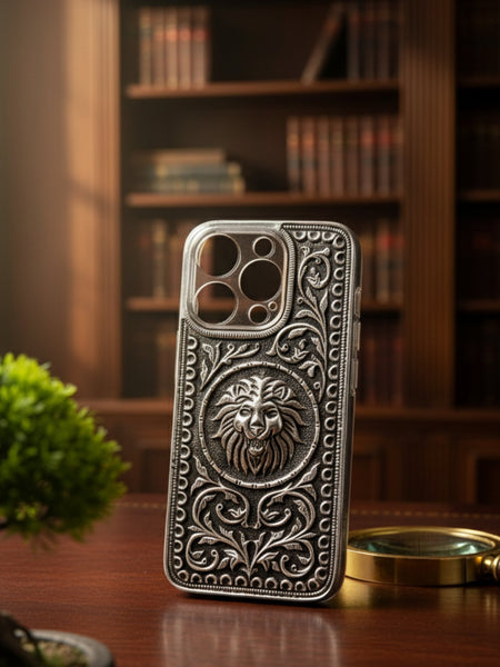 Majestic Lion Face & Scrollwork 999 Pure Silver Phone Cover