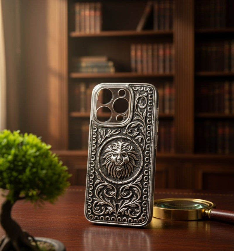 Majestic Lion Face & Scrollwork 999 Pure Silver Phone Cover