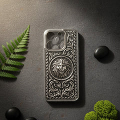 Majestic Lion Face & Scrollwork 999 Pure Silver Phone Cover