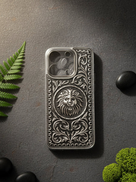 Majestic Lion Face & Scrollwork 999 Pure Silver Phone Cover