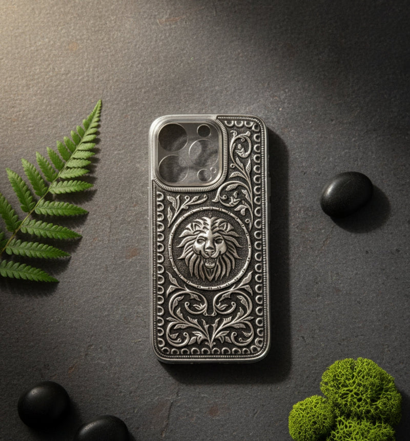 Majestic Lion Face & Scrollwork 999 Pure Silver Phone Cover