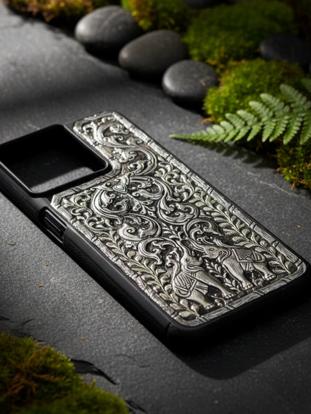Royal Elephant Pair & Vine 999 Pure Silver Phone Cover