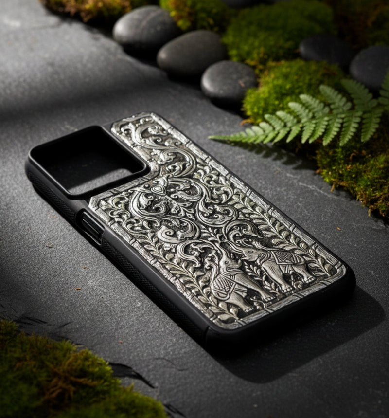 Royal Elephant Pair & Vine 999 Pure Silver Phone Cover