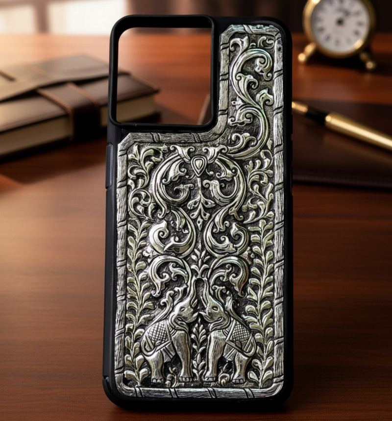 Royal Elephant Pair & Vine 999 Pure Silver Phone Cover